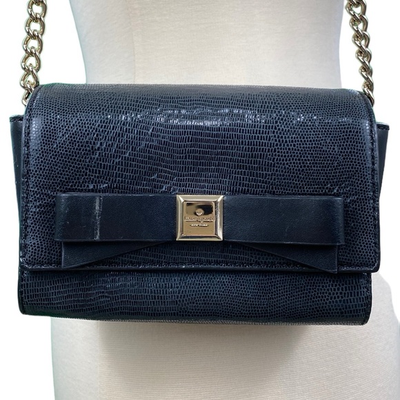 Kate Spade Small Black Embossed Leather Bow Shoulder Bag - Picture 1 of 17